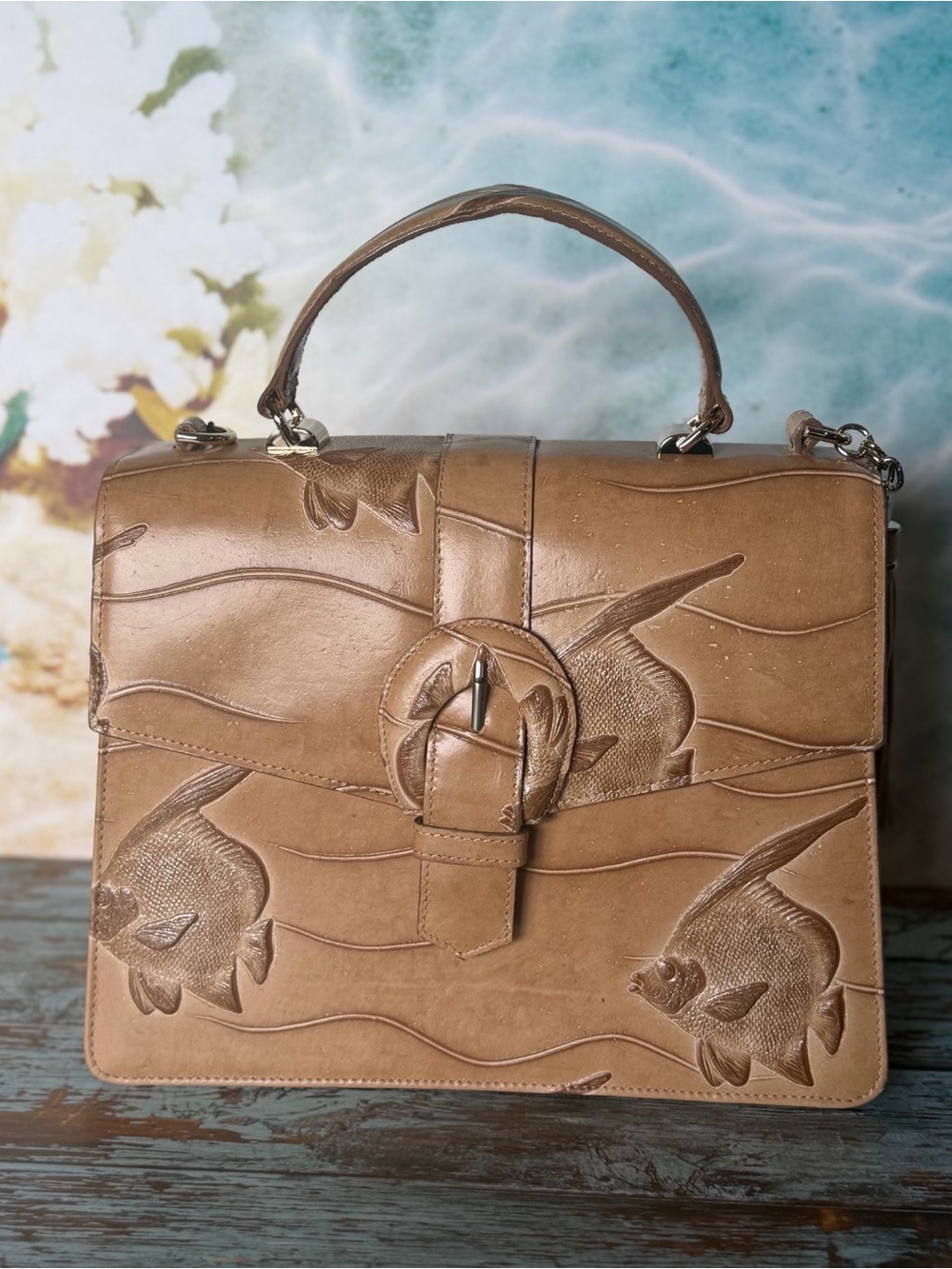 Brahmin Hallie Palm House Fish Leather Satchel Tan ONE OF A KIND HTF NWT FIRM $